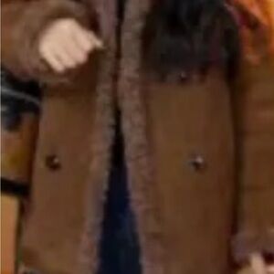 Brown Shearling-Trim Coat,Double- breasted button front